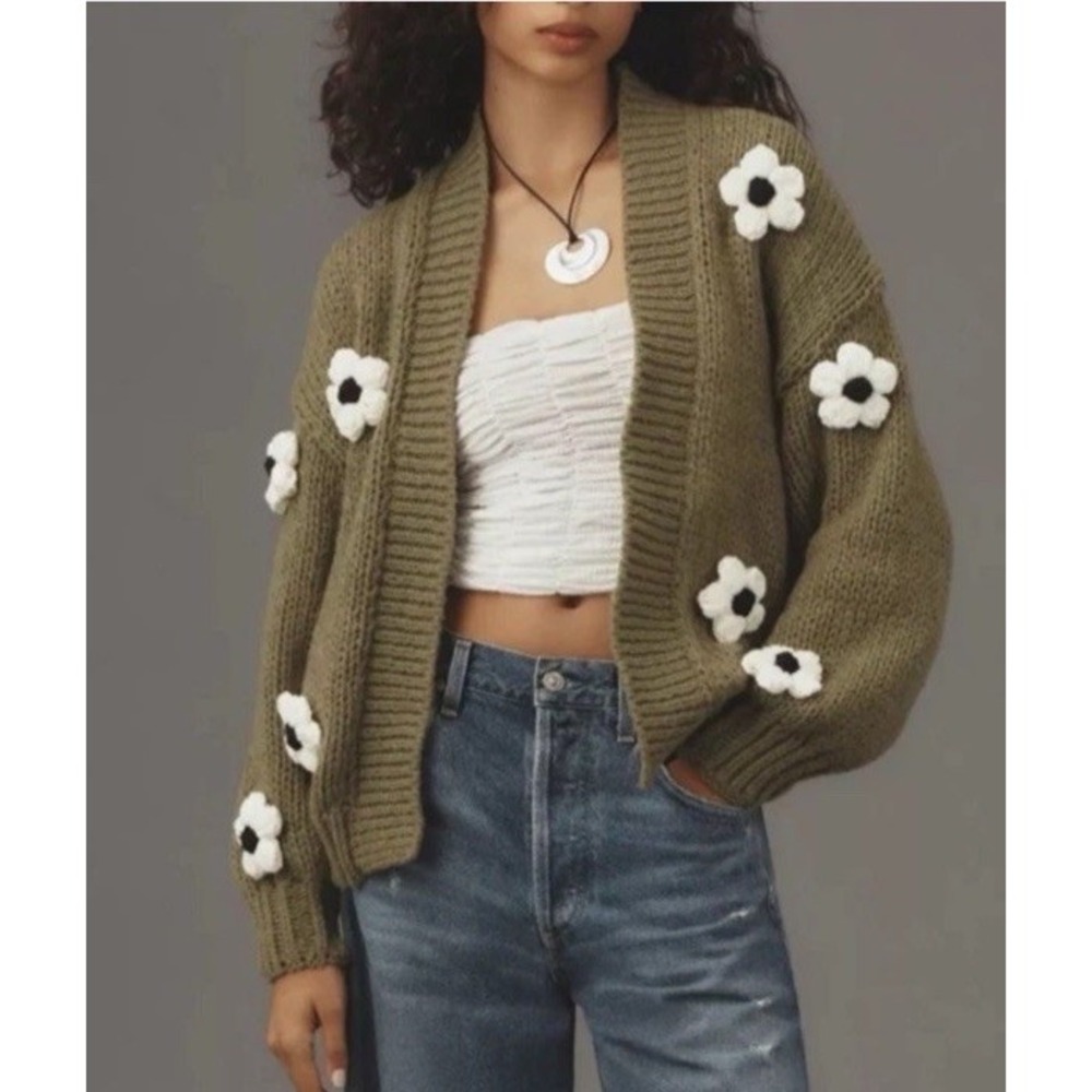 Maeve by Anthropologie Susannah 3D Flower Crochet Knit Cardigan Olive Green OS
